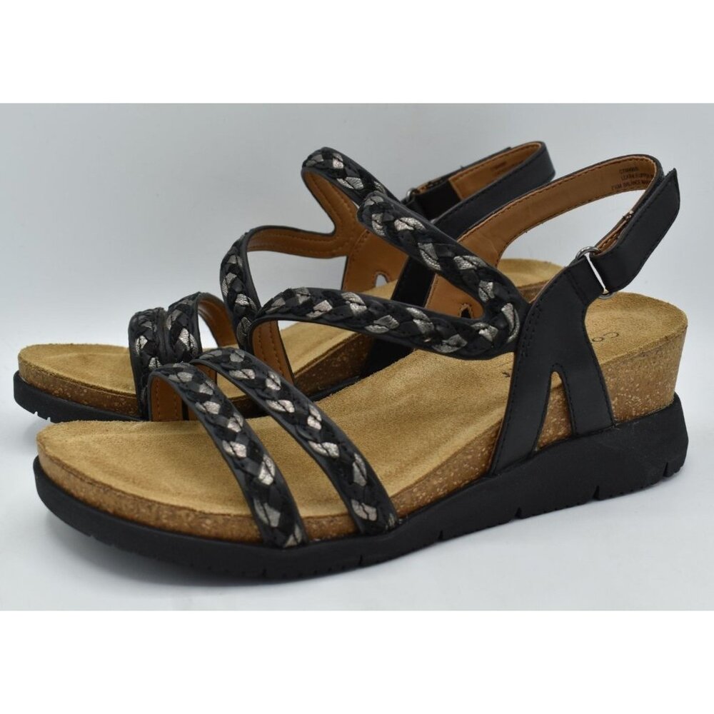 Comfortiva Womens Size 7.5 Silvia Black Multi Leather Wedge Sandals Shoes